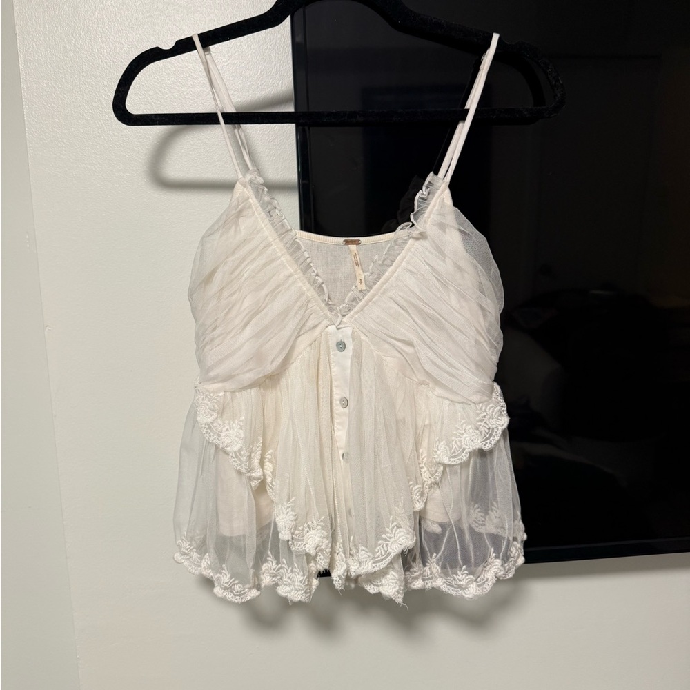 Free People White Sheer Lace Trim Top
